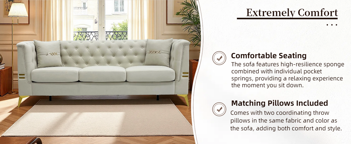 Modern Tufted Velvet Sofa with Gold Accents, 3-Seater