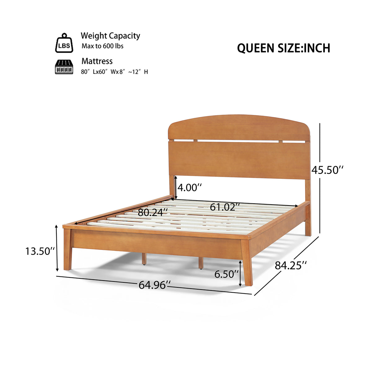 Queen Size Solid Wood Platform Bed with Curved Headboard