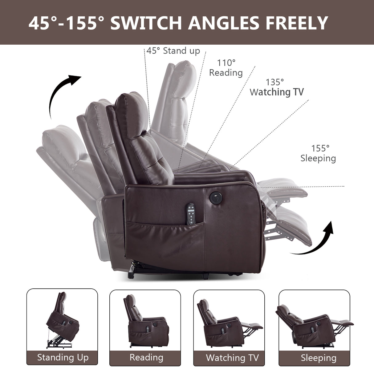 Brown PU Single Motor Power Lift Recliner Chair with Massage & Heat