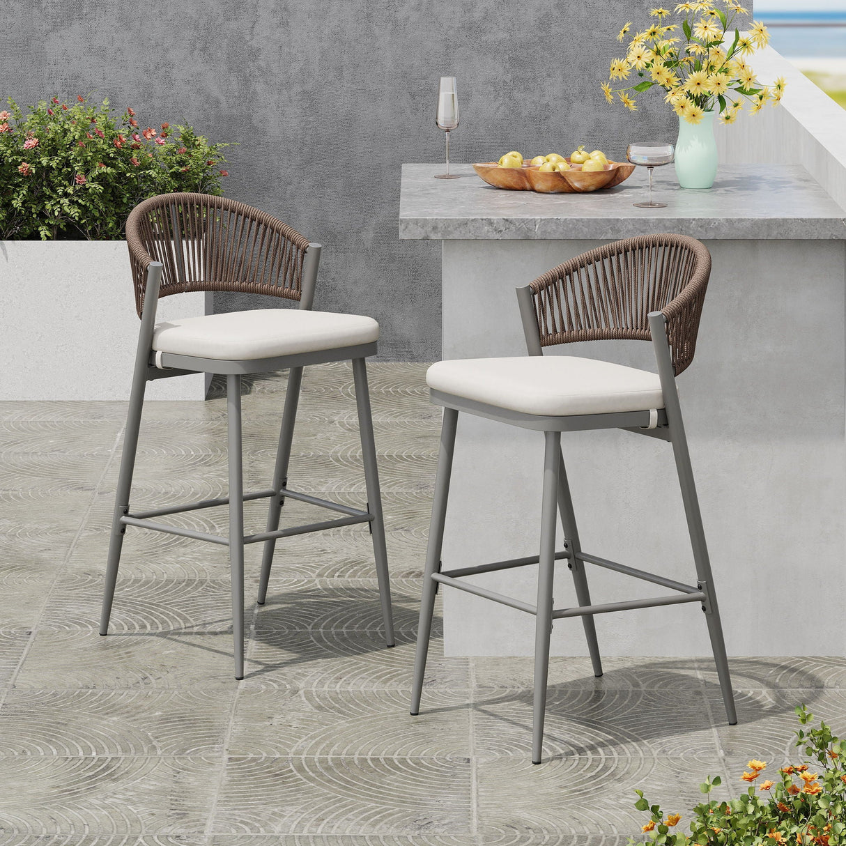 Outdoor Bar Height Metal Frame Counter Stools with Scallop-Shaped Backrest & Water-Resistant Cushions