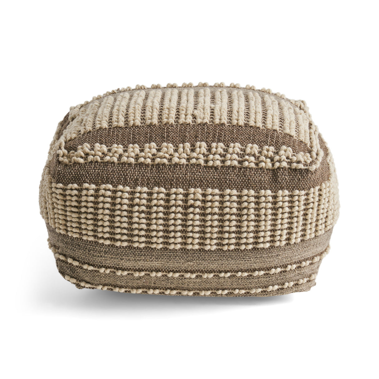 Rustic Wool And Cotton Large Pouf, Handcrafted Tufted Design - Brown / Beige
