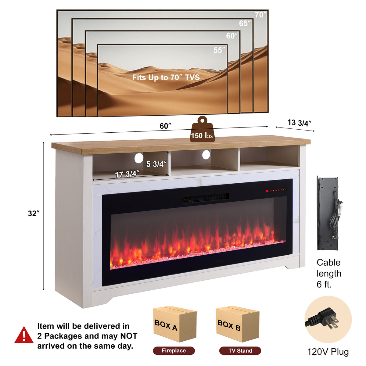 60 Inch Fireplace TV Stand for TVs Up to 70" with 50" Smart Electric Fireplace