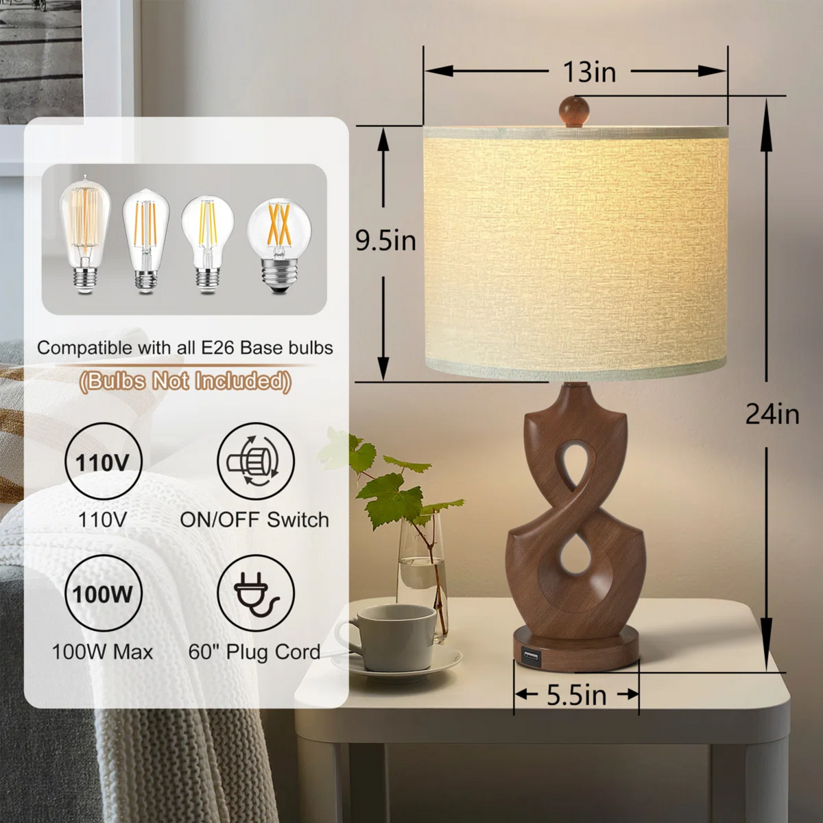 Resin Dimmable Table Lamp Pair with USB Ports, 24.5-Inch, Antique Natural