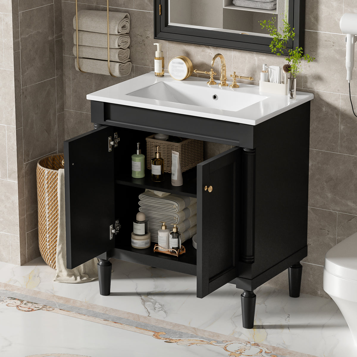 30" Luxurious Bathroom Vanity Cabinet with Ceramic Sink Basin