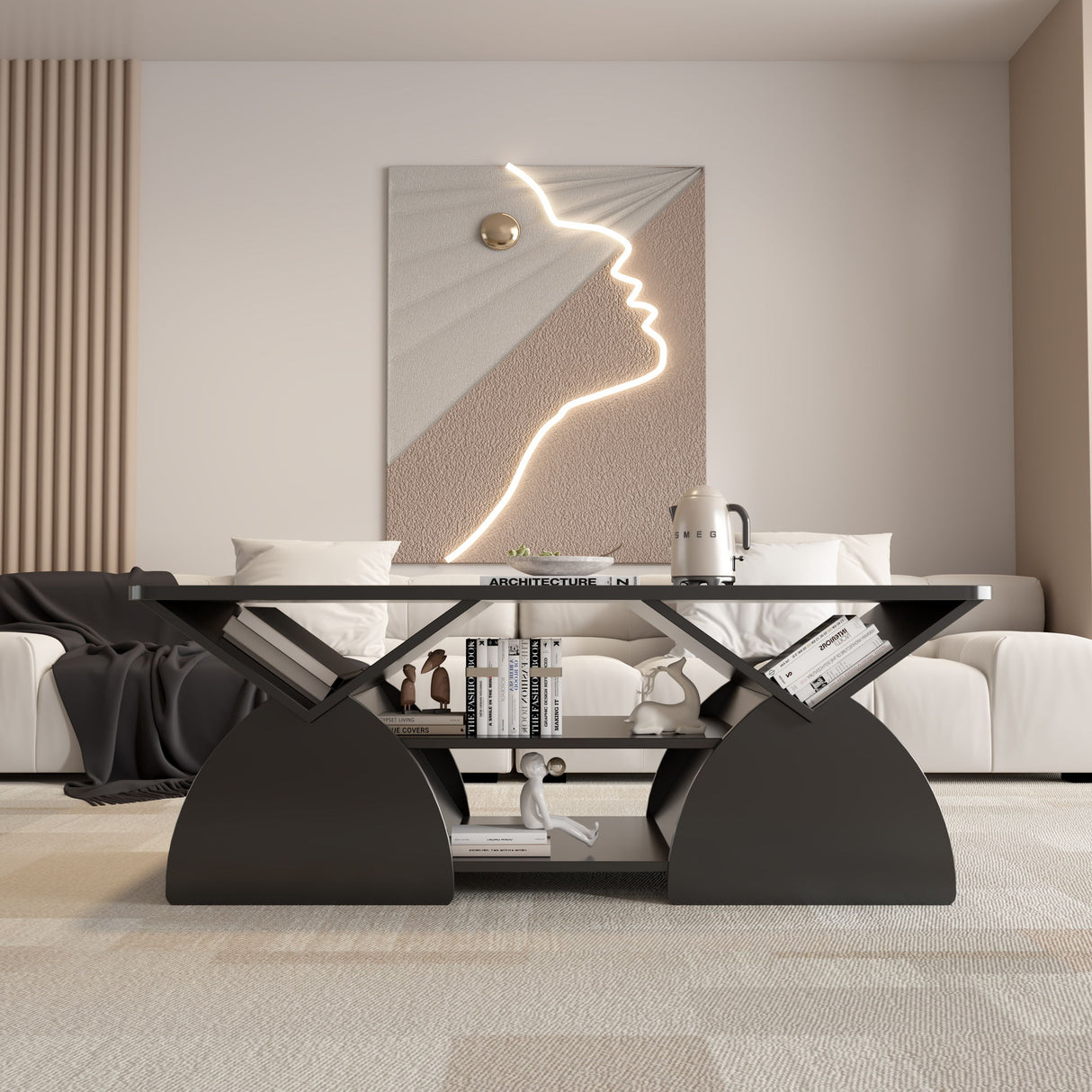 Geometric Engineered Coffee Table With Rounded Corners With Open Shelves