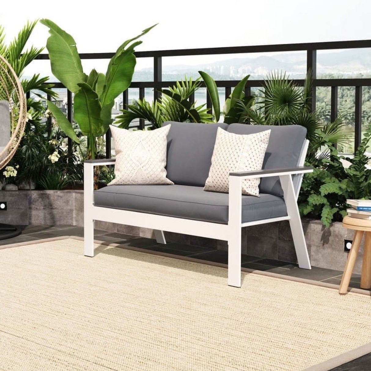 All Weather Patio Loveseat With Armrests & Angled Backrest - White / Gray
