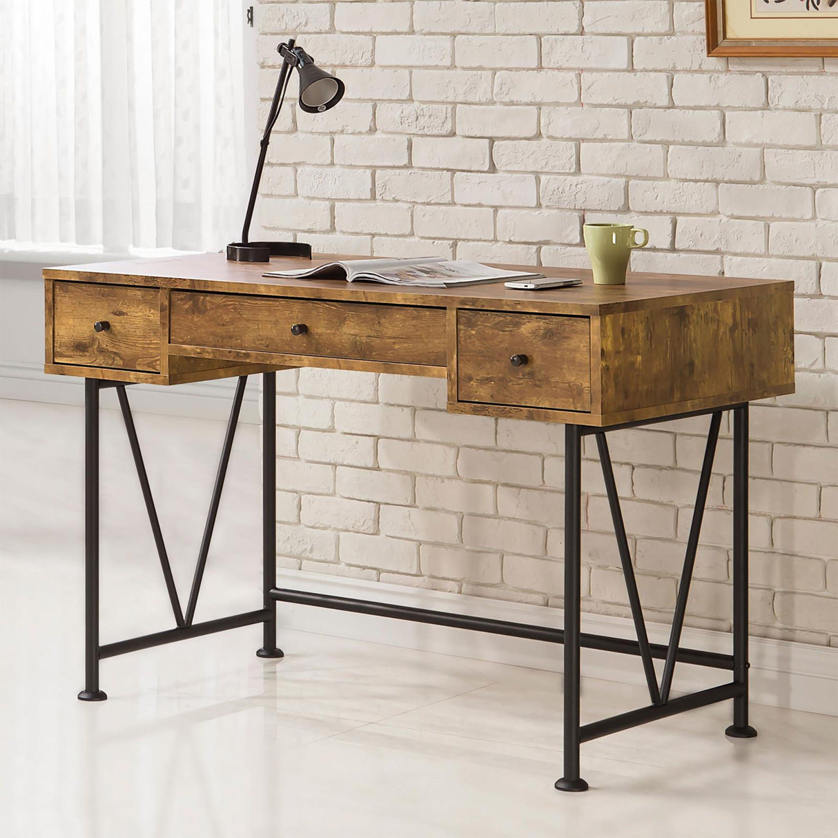 3 Drawer Writing Desk With Handles - Brown