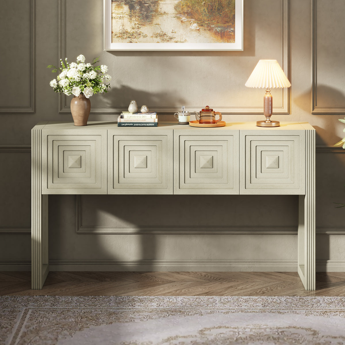 Geometric Carved Console Table with 3 Soft-Close Drawers