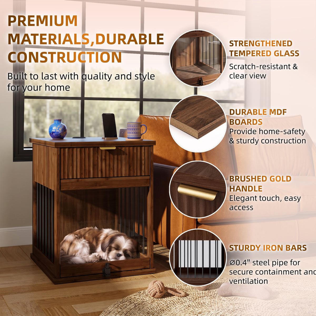 Dog Crate End Table with Charging Station and Storage