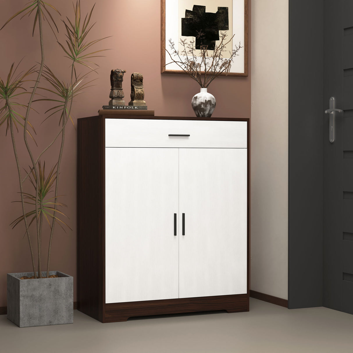 Freestanding Wooden Shoe Cabinet, 4 Tier Organizer With Drawer
