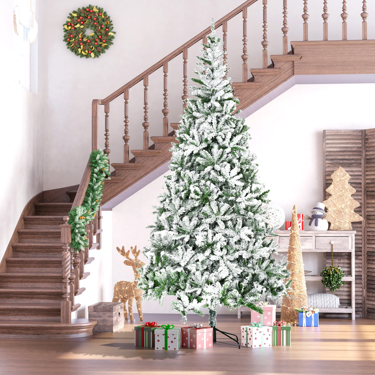 HOMCOM 9' Tall Unlit Snow Flocked Pine Artificial Christmas Tree