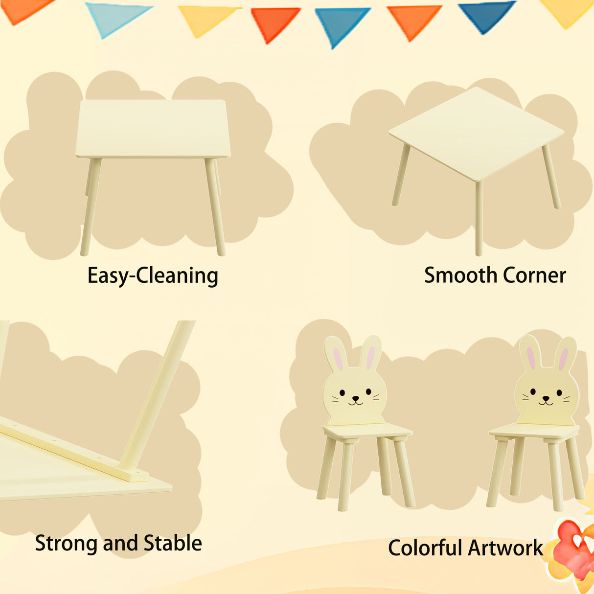 Table And Chair Set With 2 Bunny Chairs, Children's Activity Table For Toddlers, Cute Animal Design - Yellow