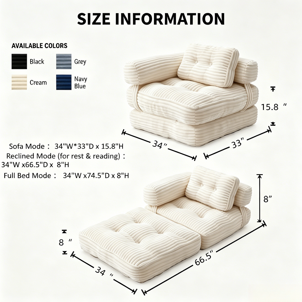 Boneless Foldable Floor Sofa Bed with Armrest & Pillows