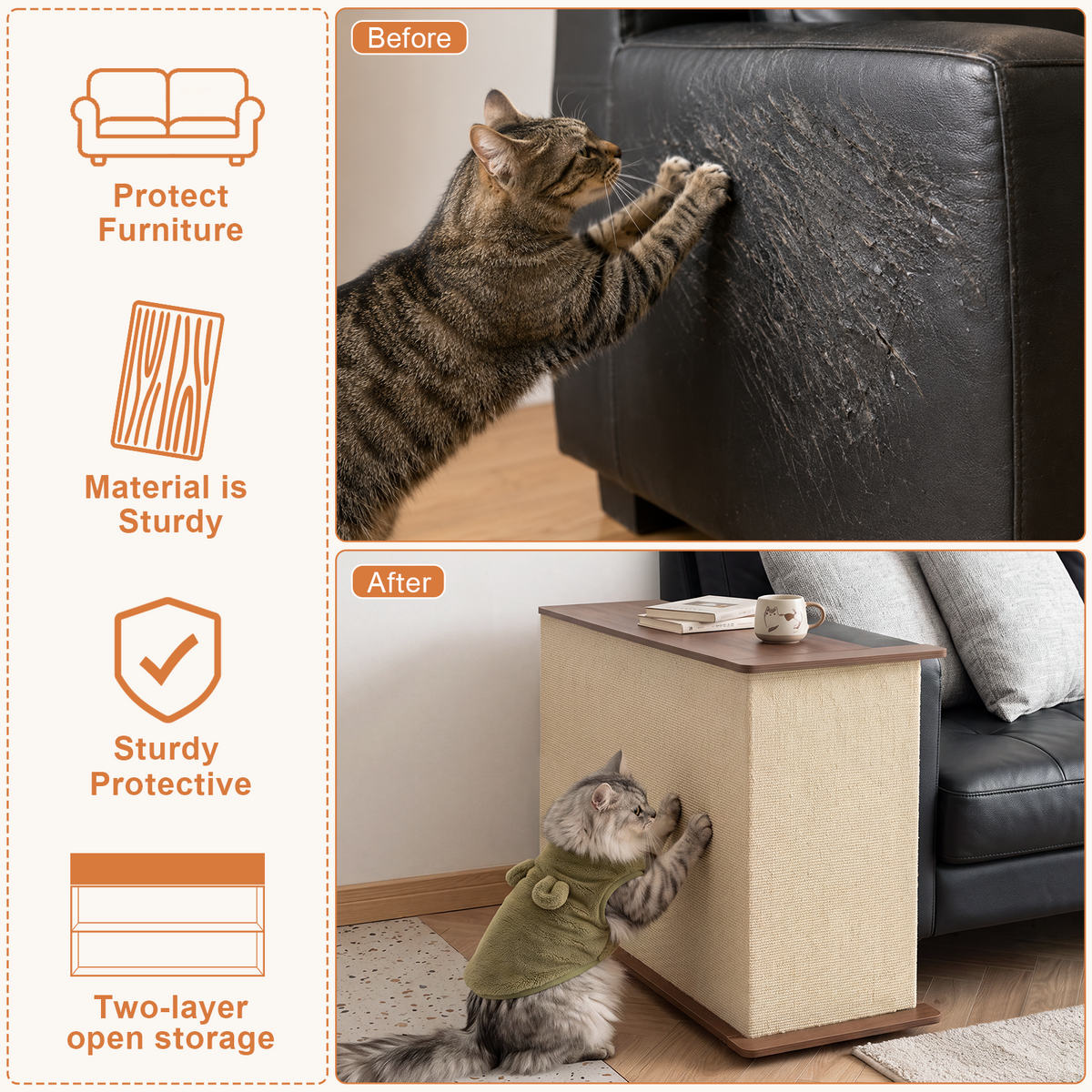 2-in-1 Cat Scratcher Side Table with Hidden Storage - MDF