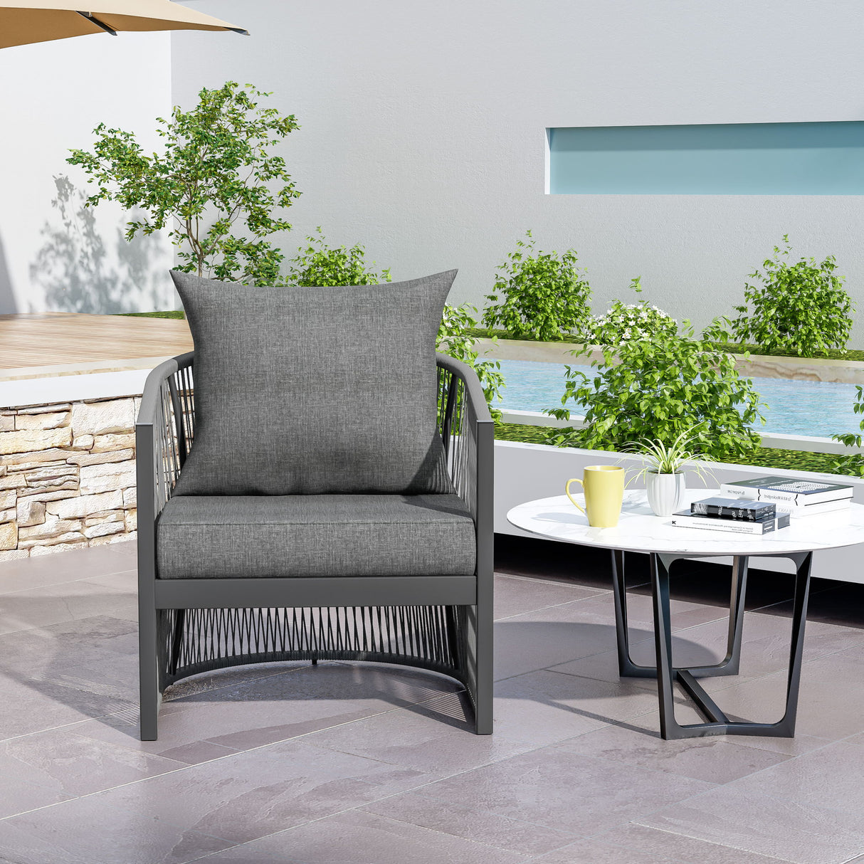 Modern Curved Aluminum Lounge Chair With Stylish Rope Weave Design And Cushioned Comfort For Outdoor