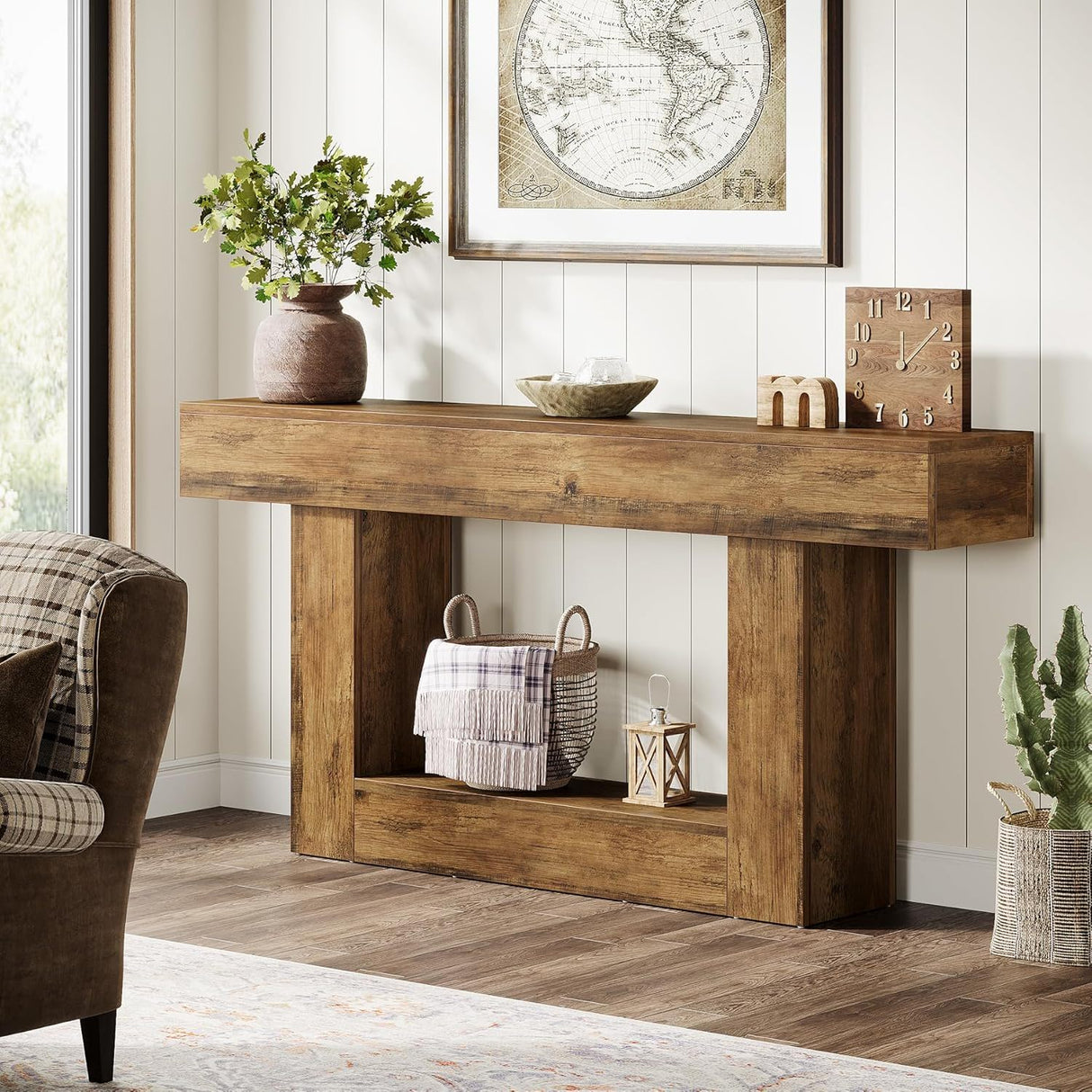Console Table With 2 Tier Storage, U Shaped Base