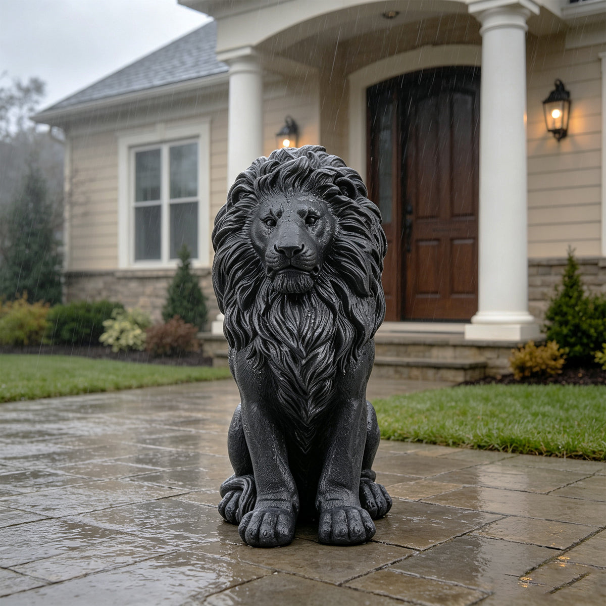 Elegant Sitting Lion Statue with Matte Black Finish - 20.67 Inches