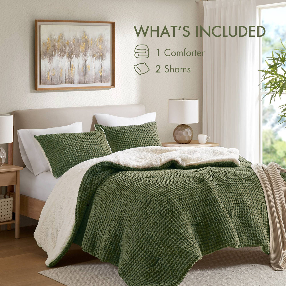 3 Pieces King/Cal King Waffle Knit Chenille Comforter Set, Olive