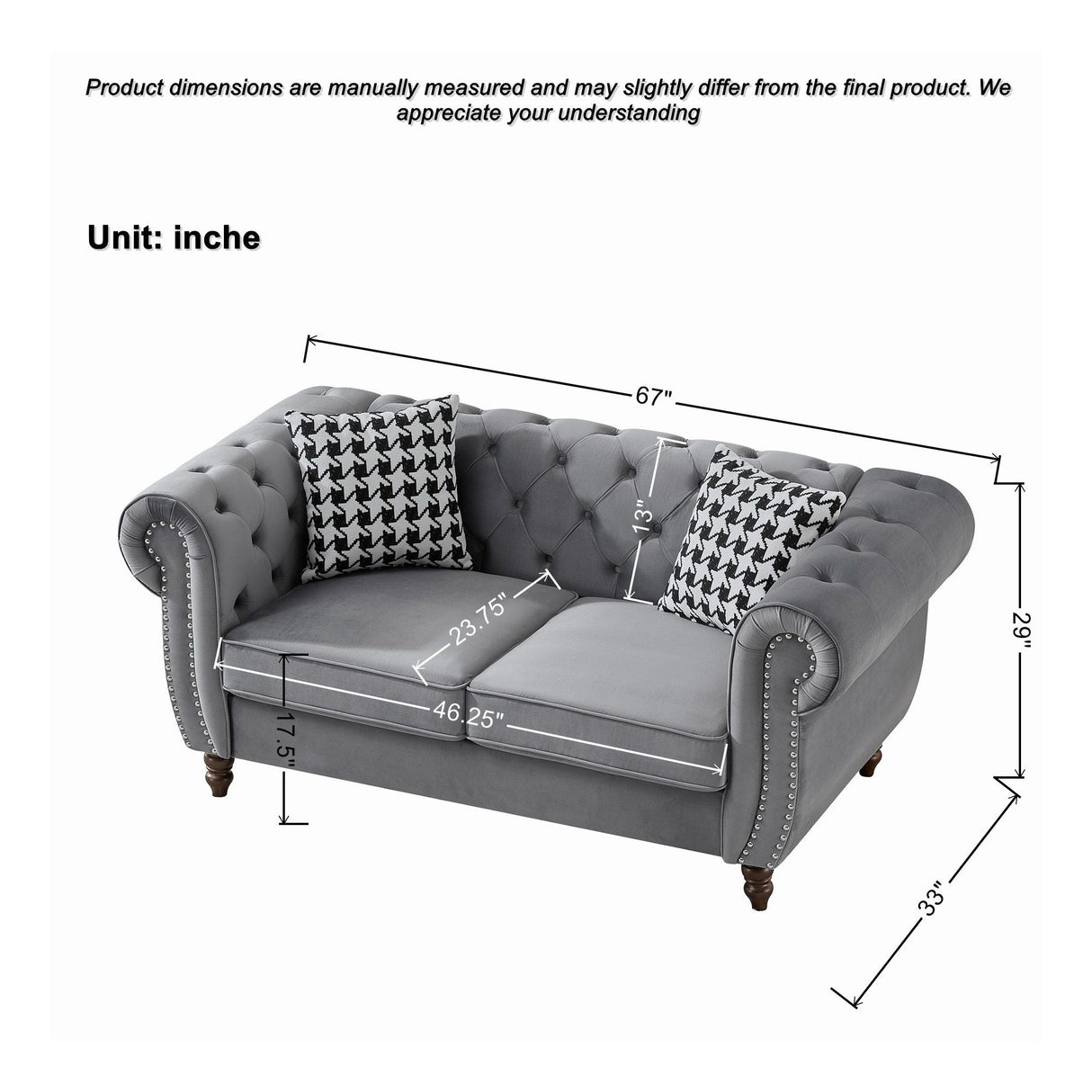 Chesterfield Upholstery Fabric Loveseat With Roll Armrest And Nailhead
