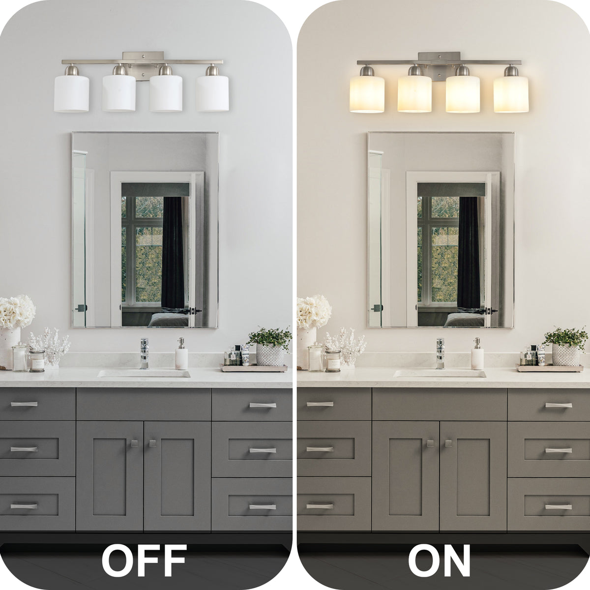 Modern 4-Light Bathroom Fixture with Nickel Finish and Milky
