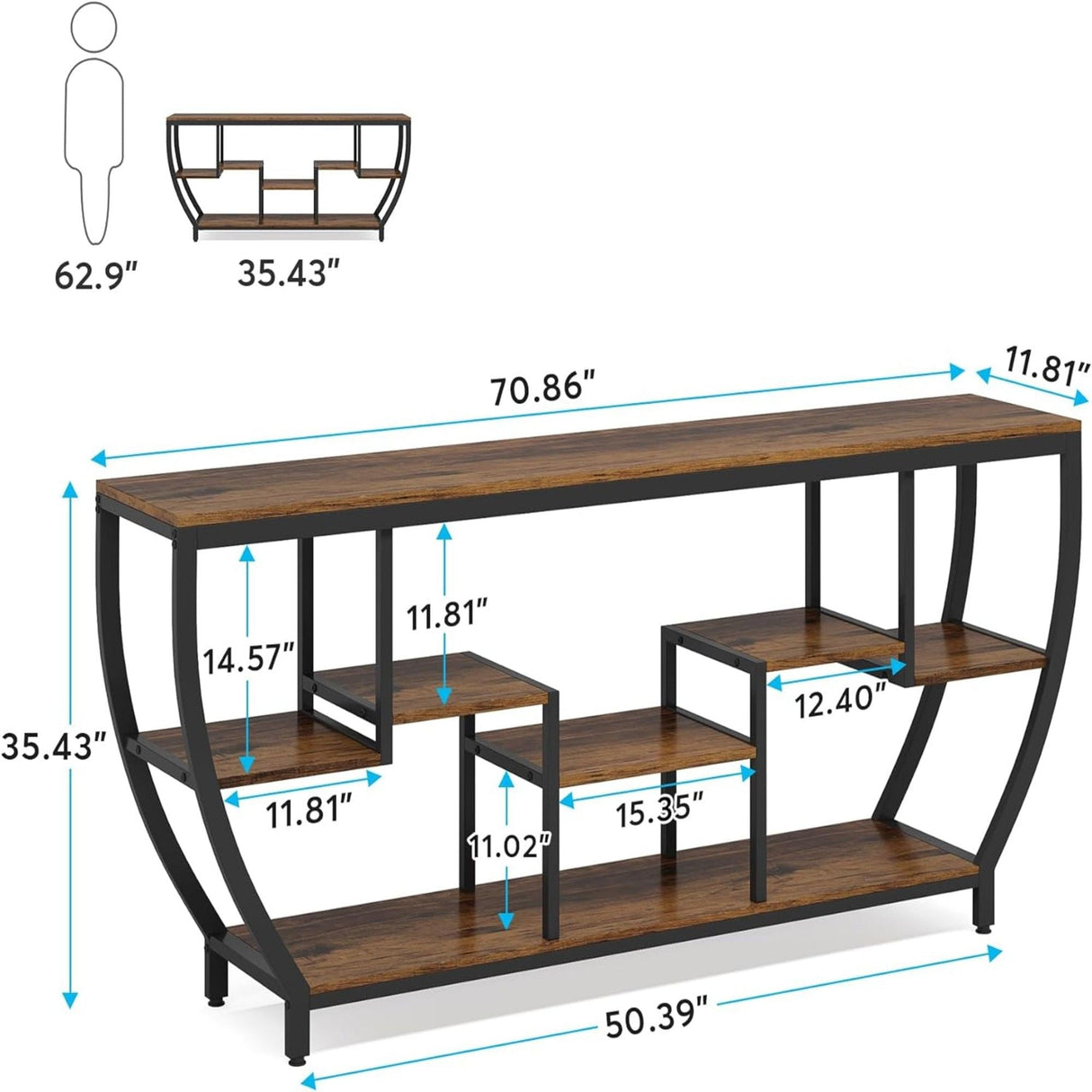 Extra Long Entryway Console Sofa Table With 7 Tier Shelves - Brown / Black