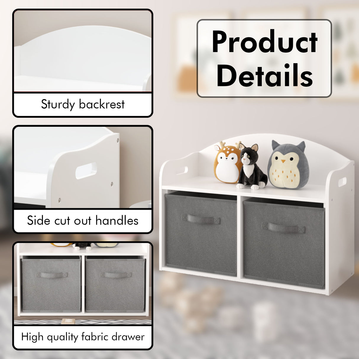 Toy Box Bench With Collapsible Drawers, Storage Cabinet Organizer - White