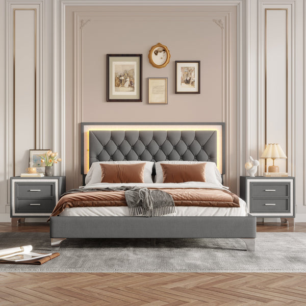 3-Pieces Bedroom Set, Queen Size Upholstered Platform Bed with LED Lights and Two Nightstands - Gray