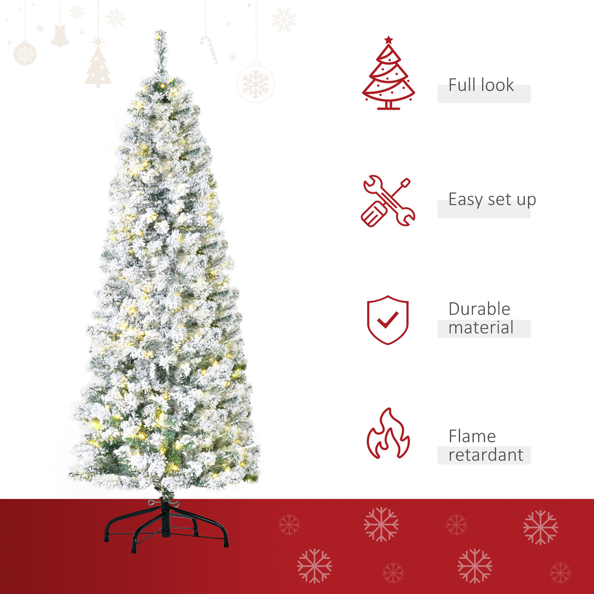 HOMCOM 6ft Pre-Lit Snow-Flocked Slim Douglas Fir Christmas Tree