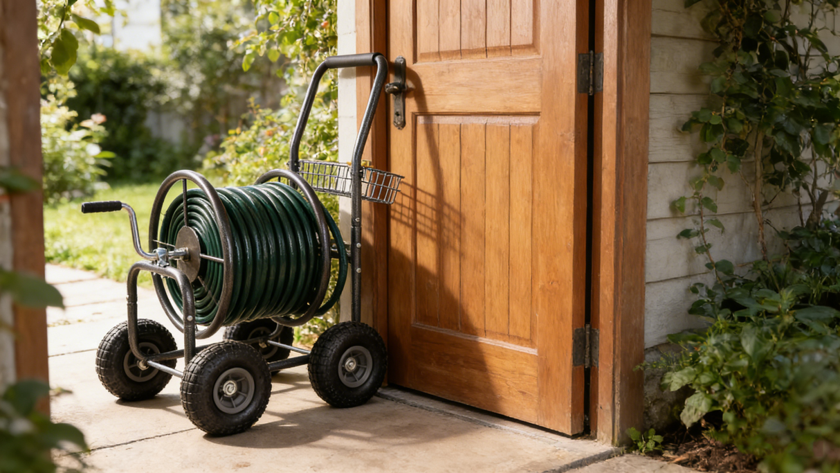 Garden Hose Reel Cart - 4 Wheels Portable with Storage Basket