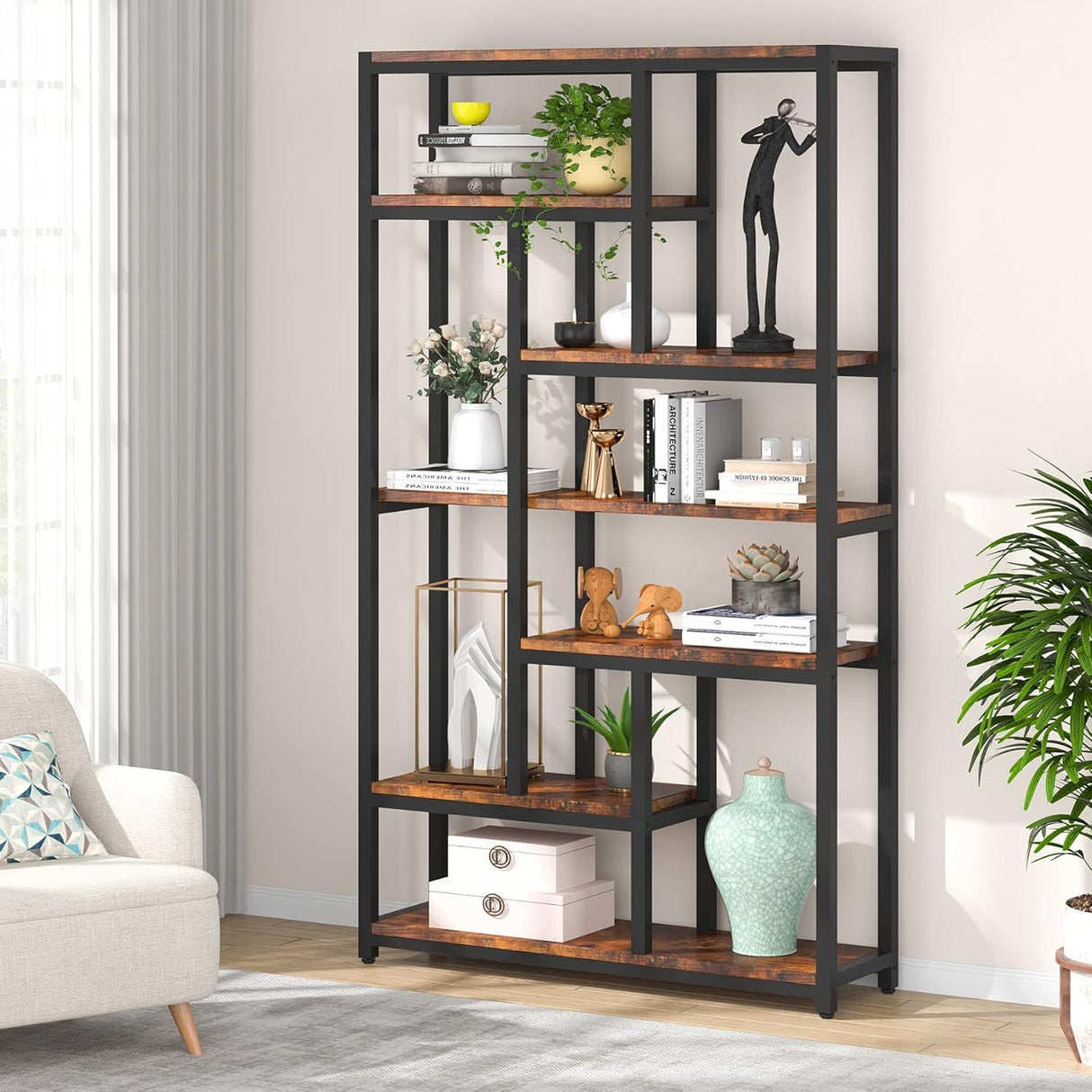 Extra Tall 7 Tier Industrial Etagere Bookcase With 10 Shelves Organizer