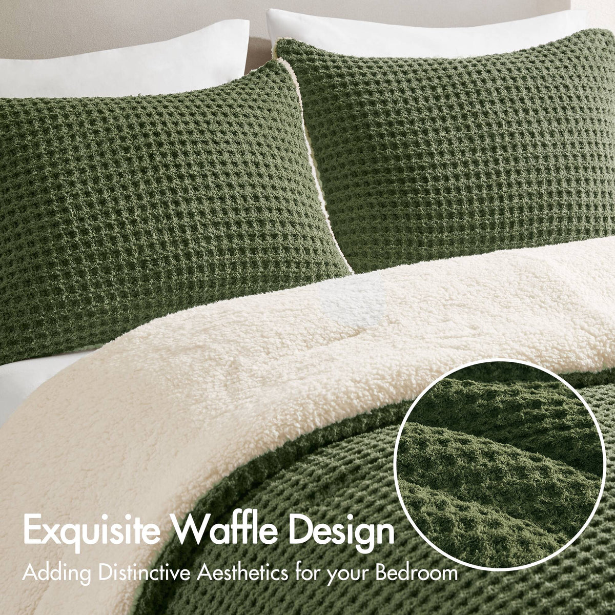 3 Pieces Full/Queen Waffle Knit Chenille Comforter Set in Olive