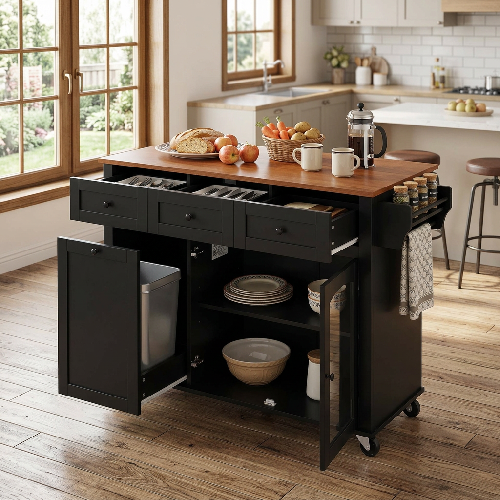 54.2'' Mobile Kitchen Island with Glass Door Storage & Trash Bin