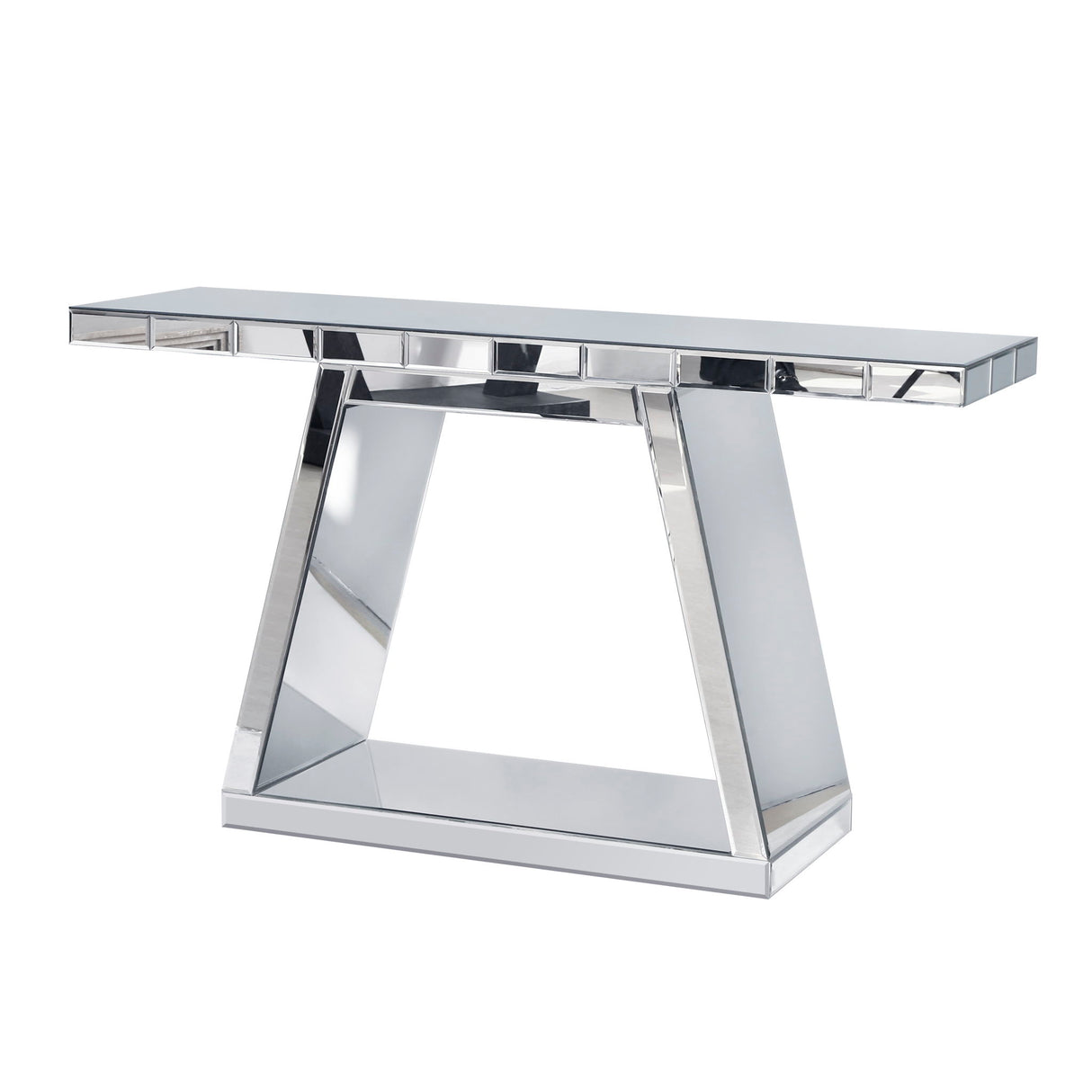 Modern Luxe Full Body Mirror Entryway Table With Trapezoid Base, 360° Reflective Console, Scratch Resistant, Open Storage - Silver