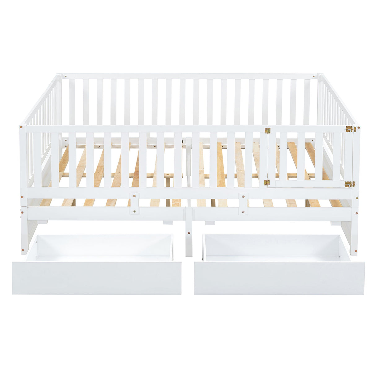 Daybed With Fence Guardrails And 2 Drawers, Split Into Independent Floor Bed & Daybed