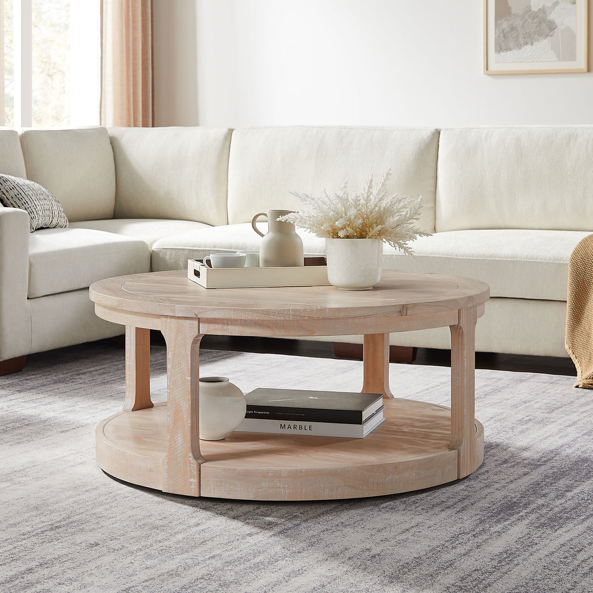 40inch Large Curved 2 Tier Traditional Round Circle Wooden Center Coffee Table
