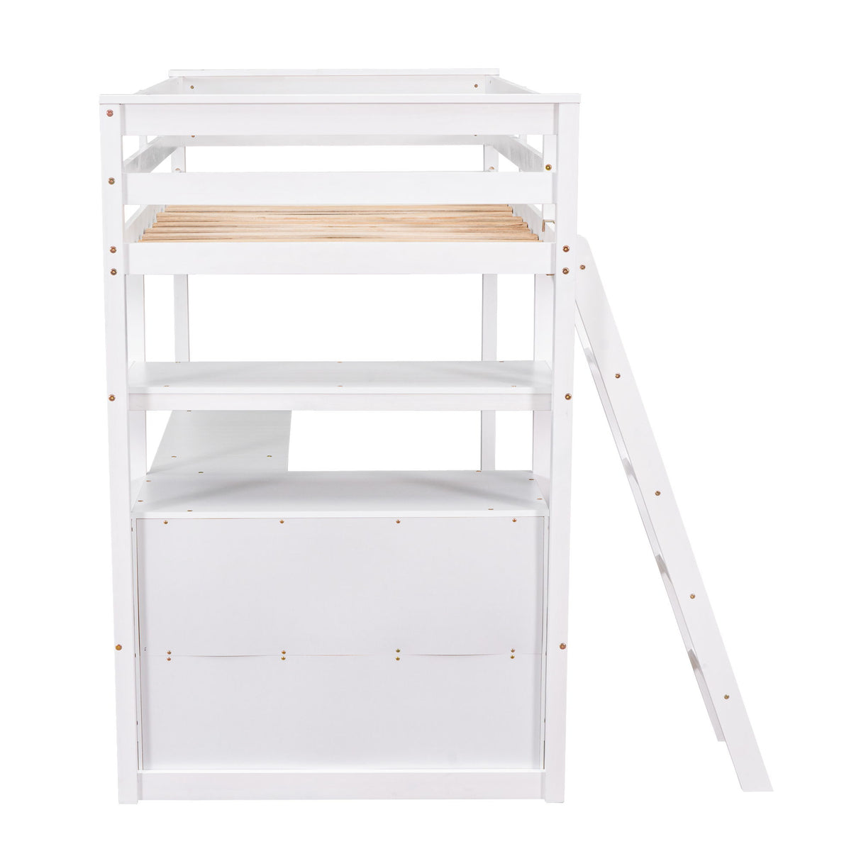 Modern Loft Bed With Built In Desk, Shelves, And 2 Drawers