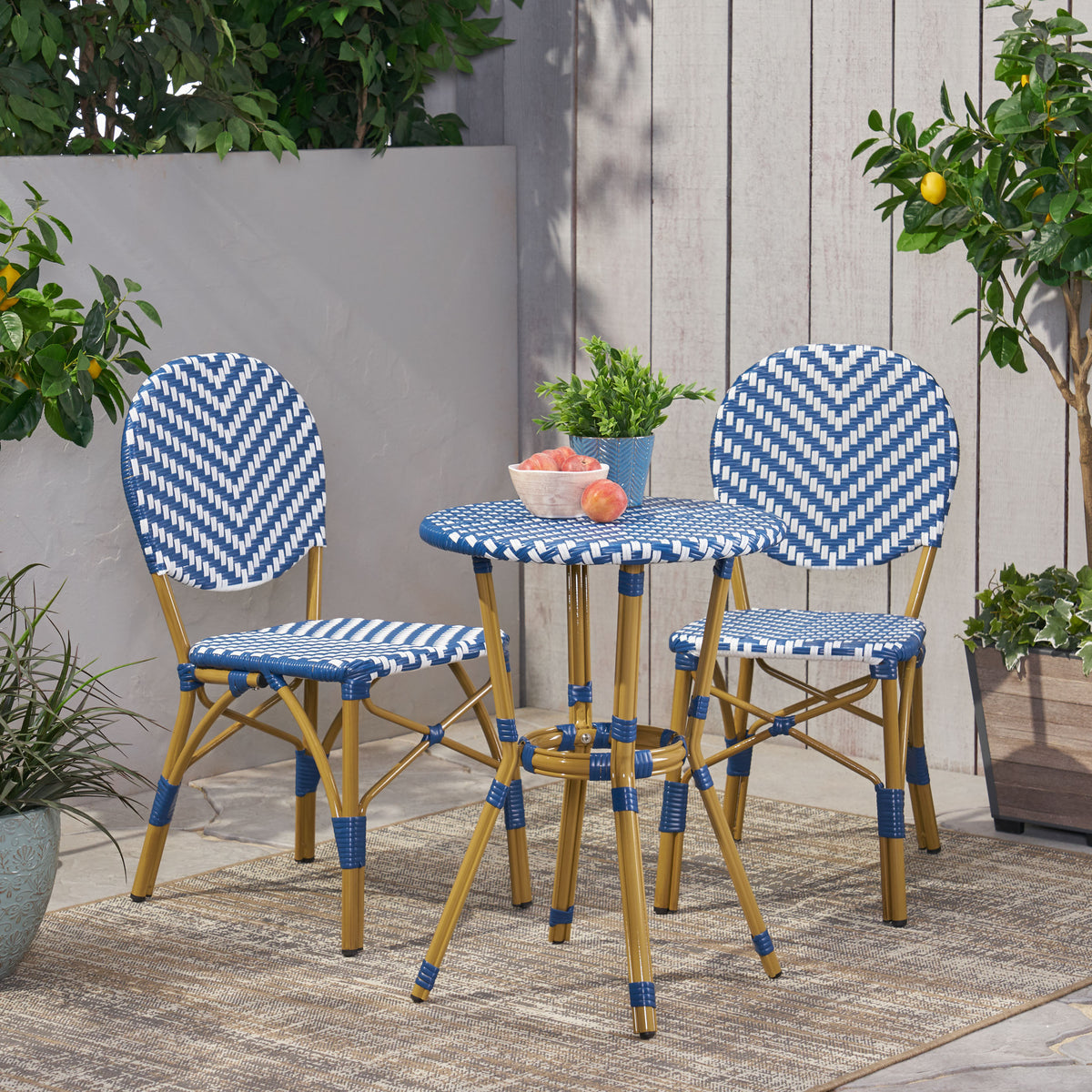Outdoor Aluminum 3 Piece French Bistro Set with Durable Wicker - Bamboo Print Finish