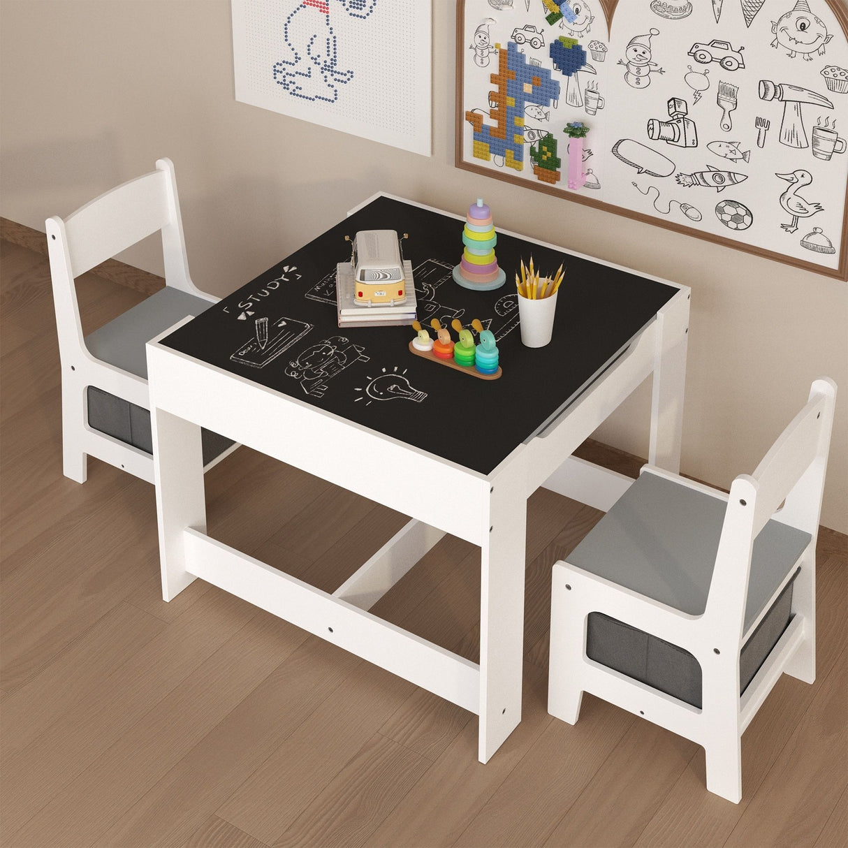 Kids Table And Chair Set, 3 In 1 Activity Table With Storage Drawer For Toddlers Drawing, Reading, Crafts, 2 In 1 Detachable Top - White