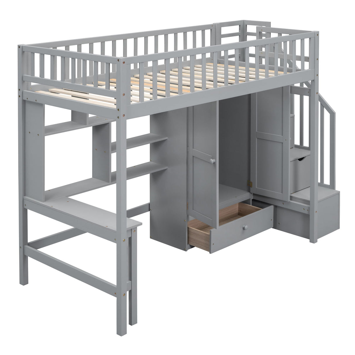 Loft Bed With Bookshelf, Drawers, Desk, And Wardrobe