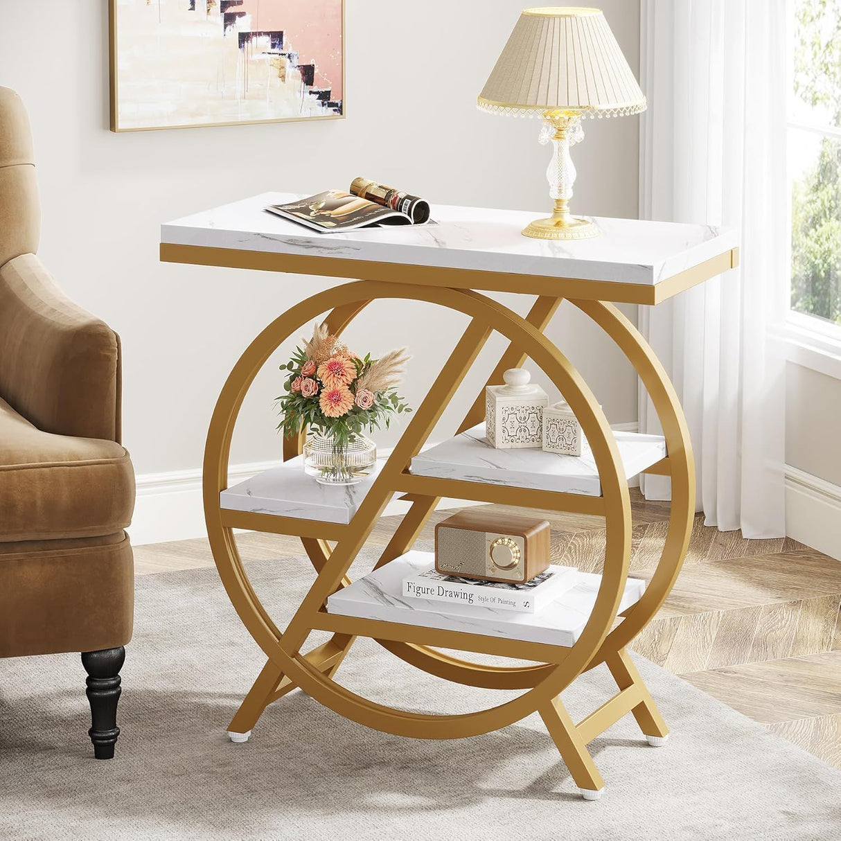 Modern Narrow End Table With 3 Tier Shelves