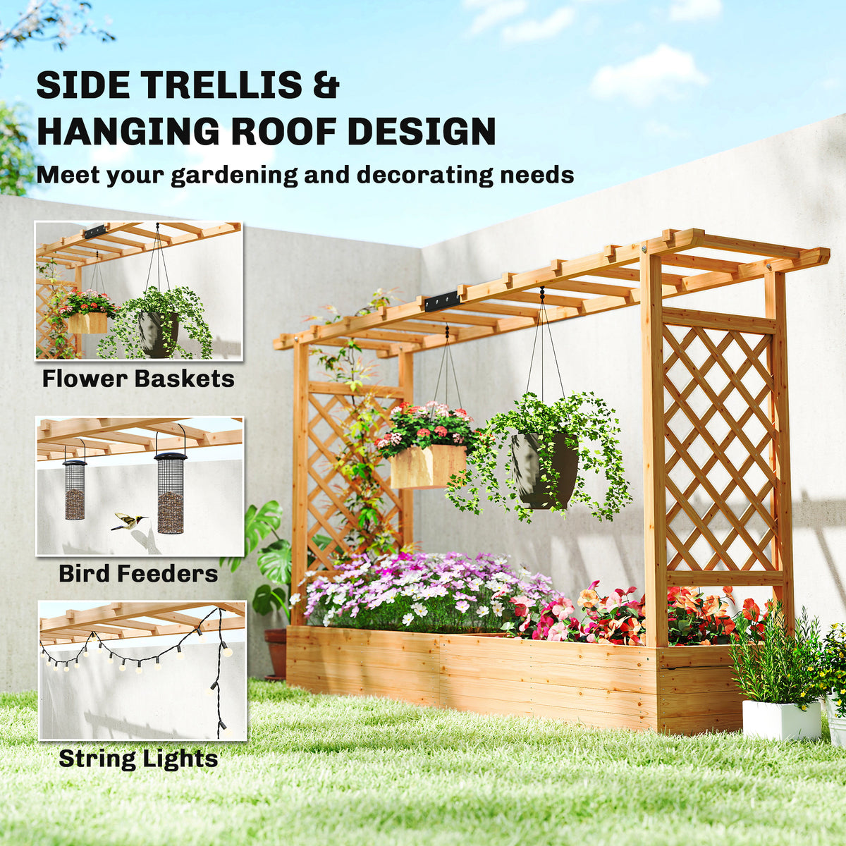 Wood Raised Garden Bed with Trellis - Large Outdoor Planter Box