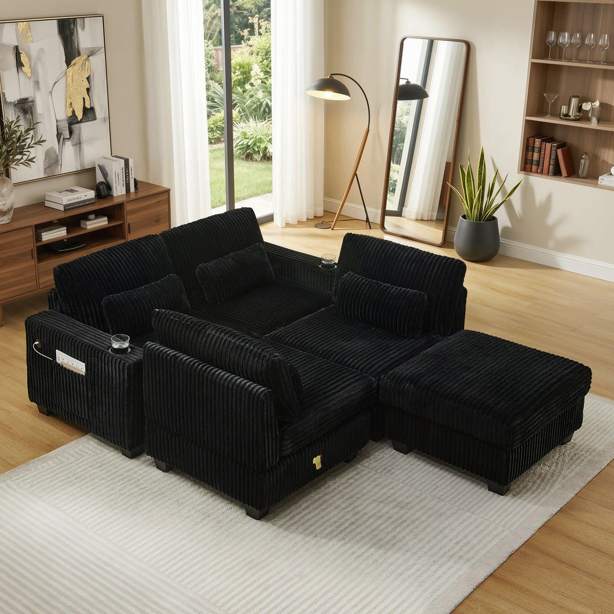 L-Shaped Corduroy Modular Sectional Sofa with Detachable Footrest