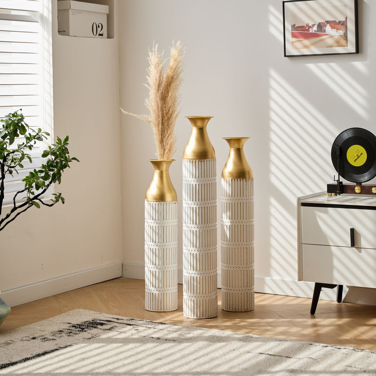 Floor Metal Vases Decorated White Metal Vases (Set of 3)