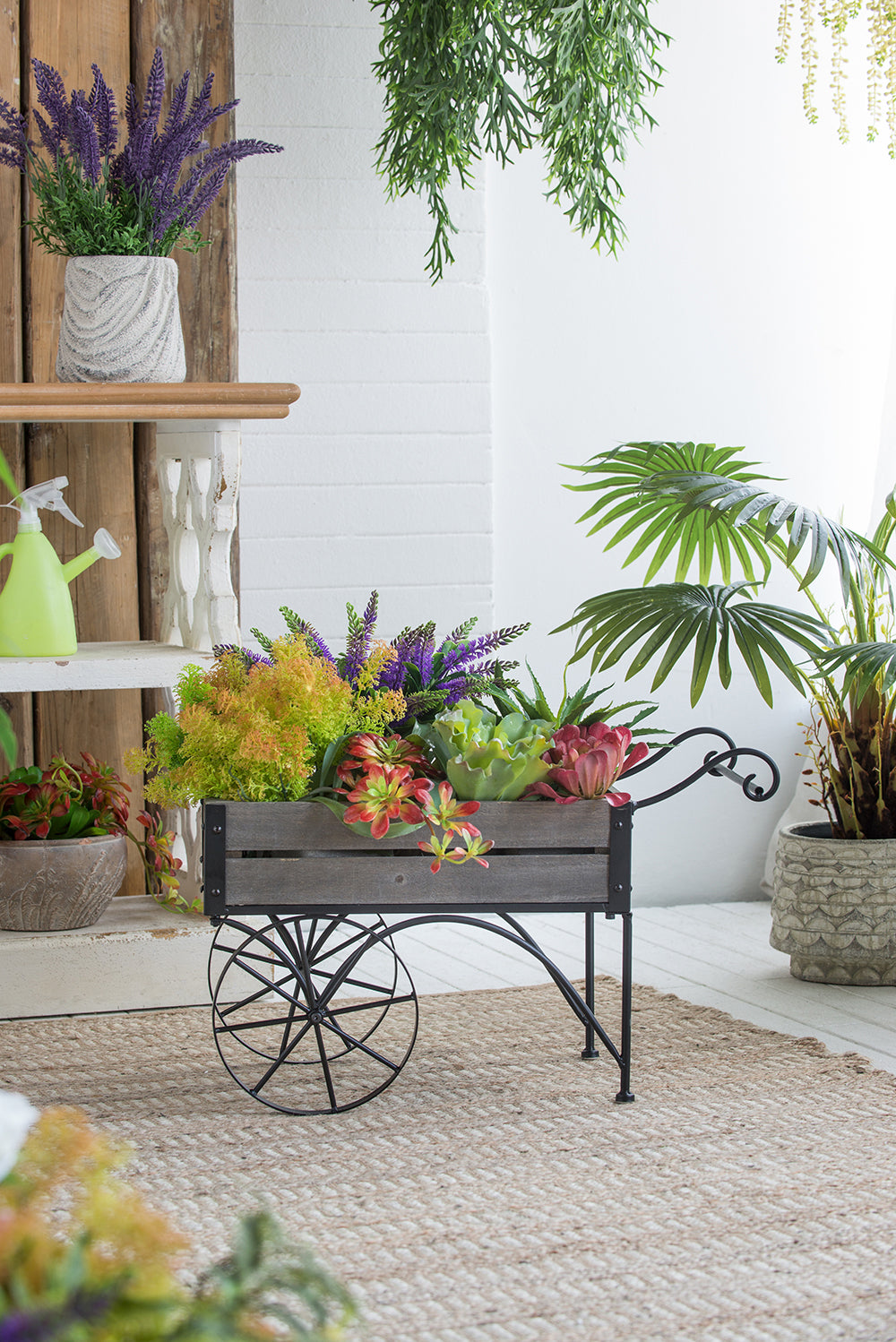 Black Iron and Pine Wood Plant Stand with Wheels