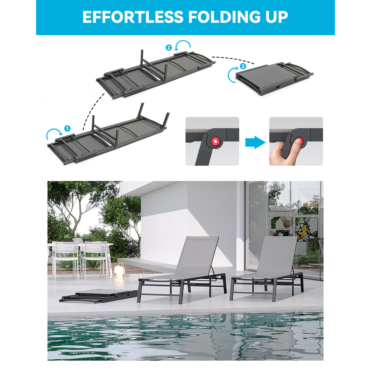 Assemble-Free Aluminum Outdoor Chaise Lounge Set of 2