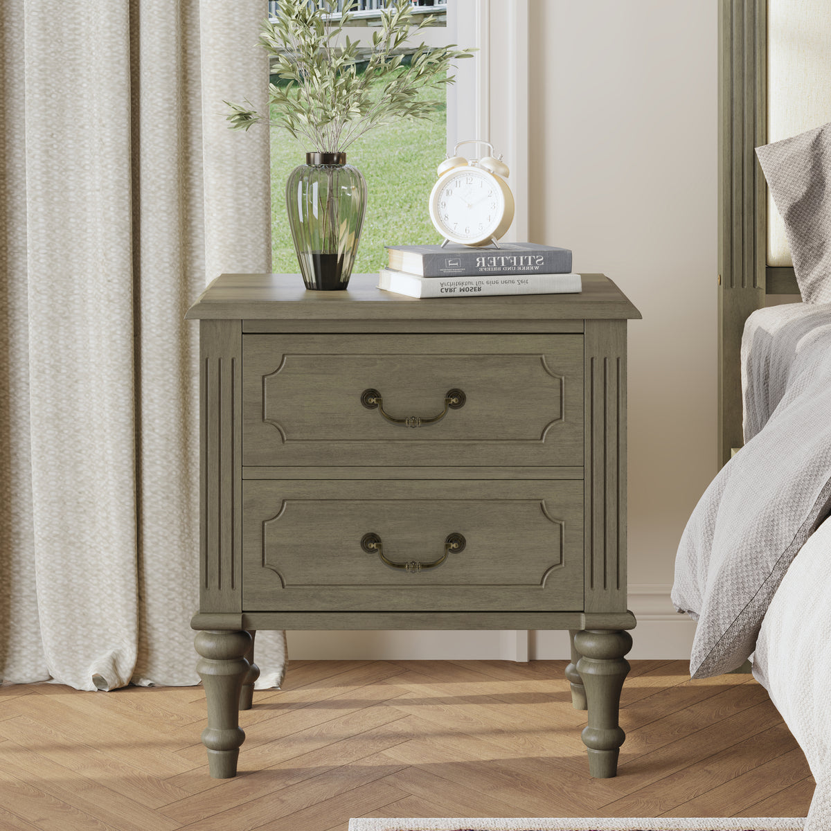 Fluted Nightstand, 21-Inch Wide, 2-Drawer Side Table, Antique Bronze