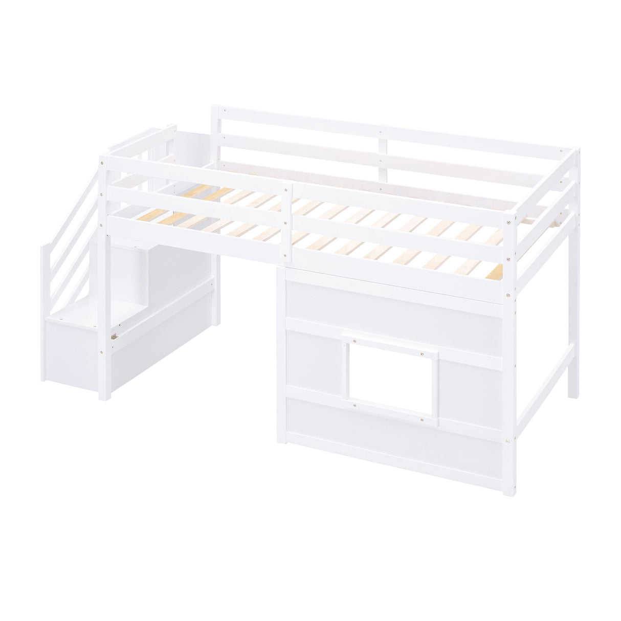 Loft Bed With Storage Staircase, Window & LED Light