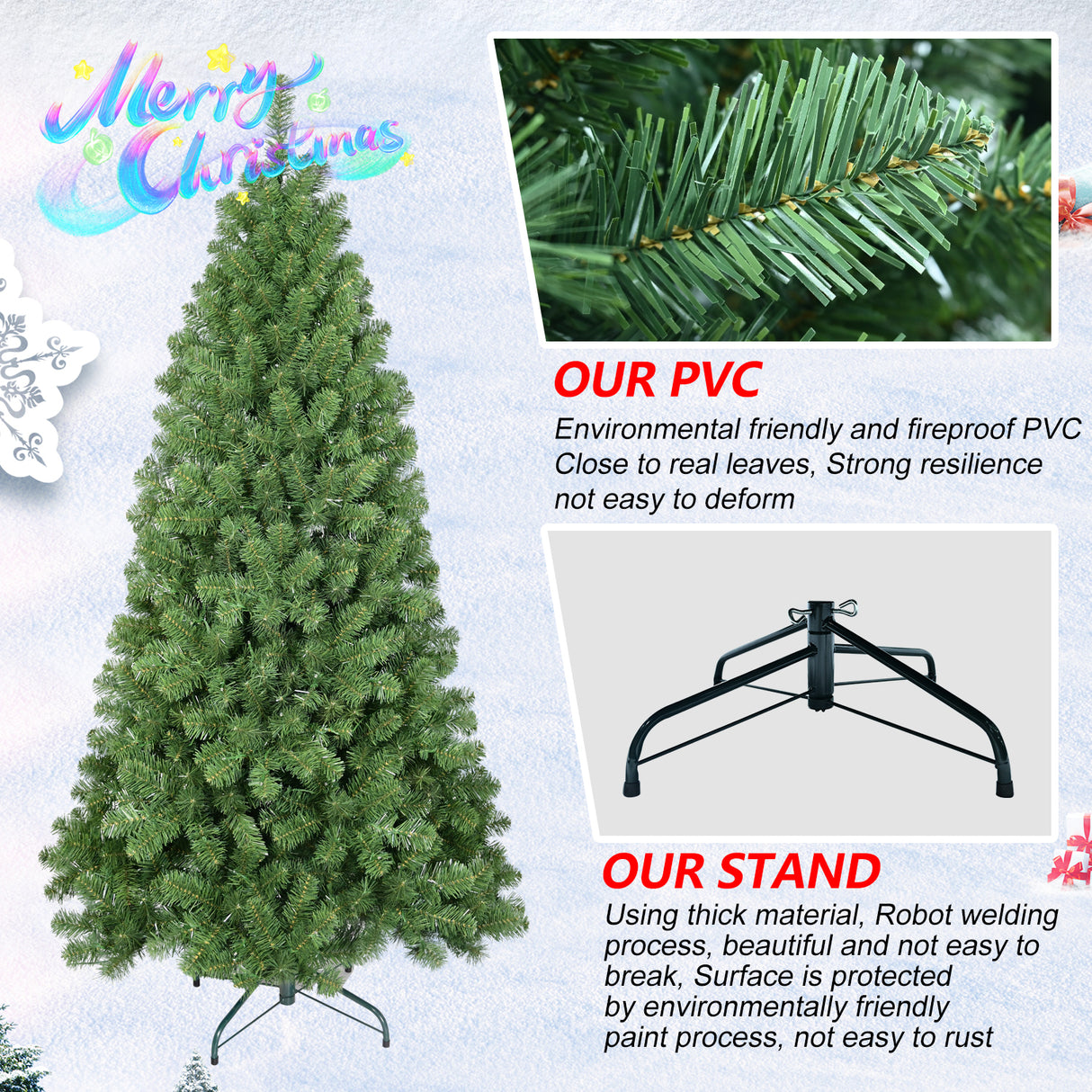 6ft Christmas Tree with Memory Wire, 760 Tips Hinged Artificial PVC Tree, Easy Setup