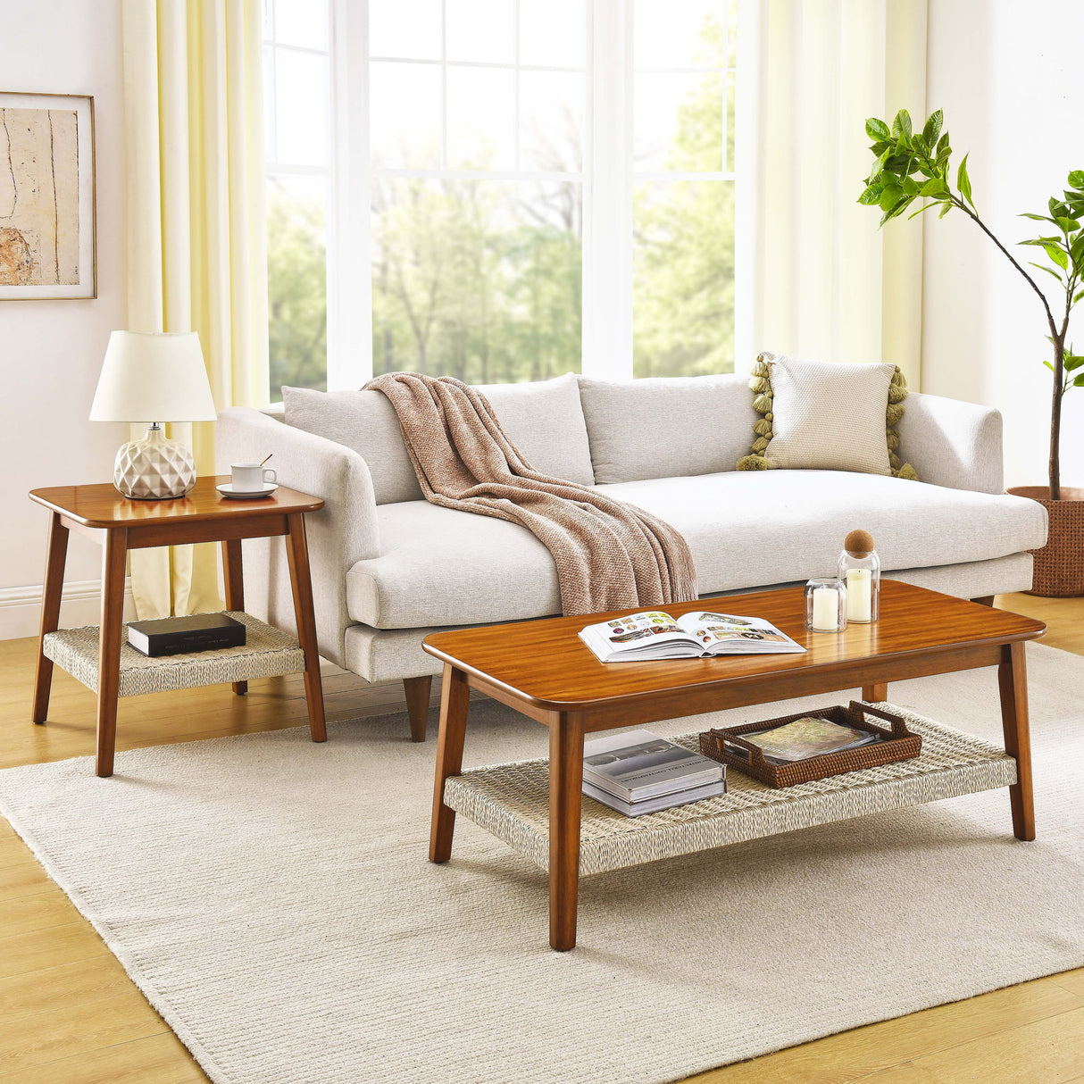 Mid - Century Square Side Table With Woven Shelf - Walnut