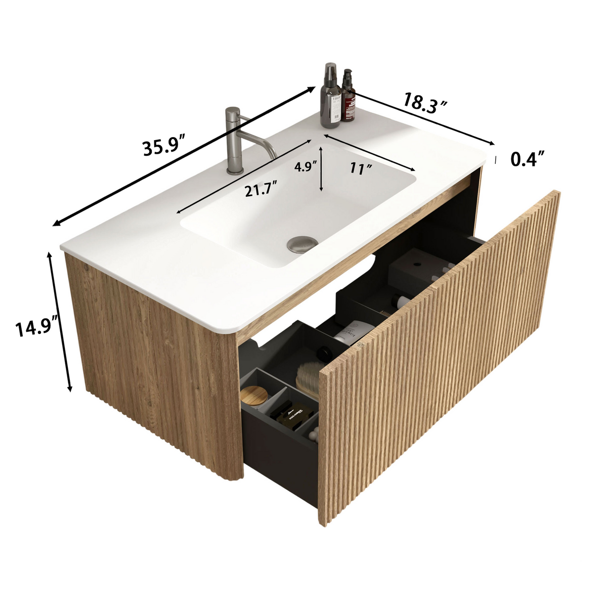 Etna 36-Inch Bathroom Vanity, Oak Striped with White Solid Surface Sink